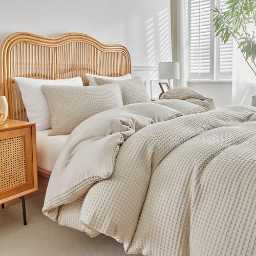 WARMDERN Waffle Weave Duvet Cover King Size, Khaki Textured Duvet Cover Set, Soft and Breathable Comforter Cover, 3 Pieces Microfiber Bedding Set for All Season(Khaki,King) WARMDERN