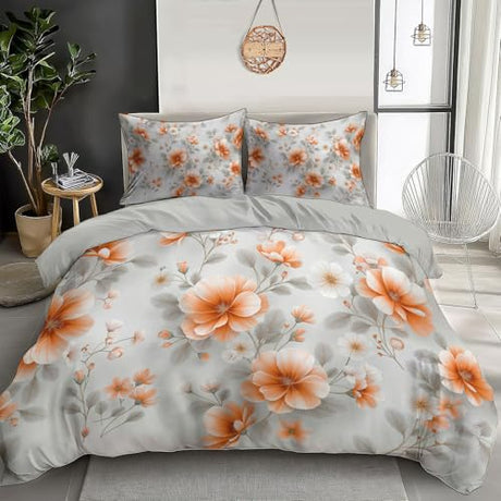 WIVCOMD Warm Orange Printed Duvet Cover Set - Modern Minimalist Bedding with 1 Pillowcases, Watercolor Wildflowers Soft Easy Care Microfibre Quilt Cover, Twin WIVCOMD