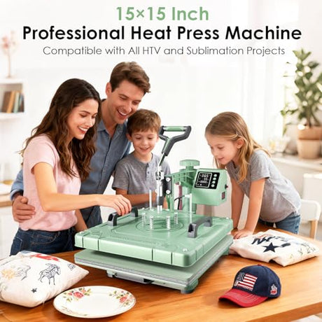 Seeutek 8 in 1 Heat Press Machine 15x15 Inch, Swing Away Digital Sublimation Heat Transfer Press with 20oz & 30oz Tumbler Attachments for T-Shirts, Mugs, Hats & Plates, Green Seeutek