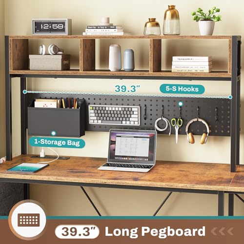 SEDETA L Shaped Gaming Desk with Hutch, 57.5” Reversible Corner Computer Desk with Storage Shelves, Gaming Desk with Pegboard, LED Lights, Power Outlet, Keyboard Tray (Rustic Brown) SEDETA