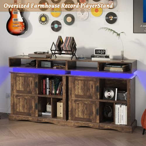 St.Mandyu Record Player Stand with Sliding Doors, 15.7" D x 39.4" W x 40" H Record Storage Cabinet with Charging Station Holds Up to 450 Albums, Vinyl Display Shelf for Living Room, Brown St.Mandyu