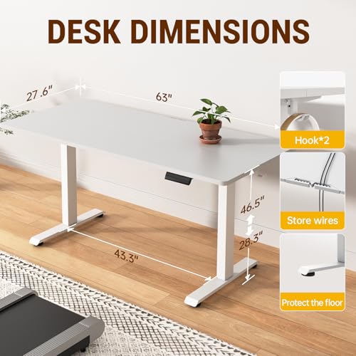 Veken 63x27.6 Inch Large Electric Standing Desk, Heights Adjustable,Sit to Stand Up, Work Home Office Computer Table for Walking Pad, Gifts for Dad, Wooden Desktop Desks, White Veken