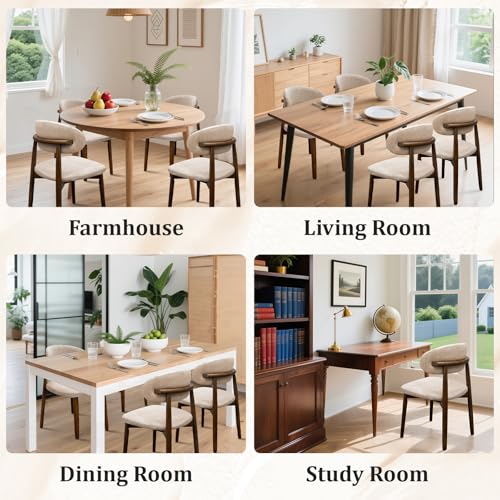 Farmhouse Dining Chairs Set of 4, Mid Century Modern Fabric Upholstered Kitchen Chairs, Wooden Dining Room Chair with Curved Back for Kitchen Dining Room Restaurant Cafe, Light Camel (Only Chairs) AmoUnico