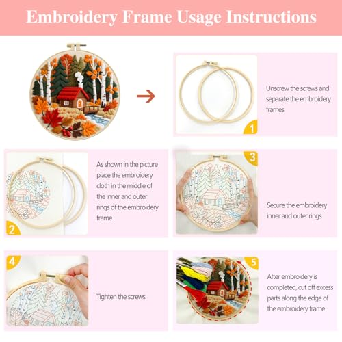 Zhenqing Autumn Forest Cabin Embroidery Kit for Beginners - Complete Set with Pre-Printed 29x29cm Cotton Fabric, Hoop, Threads & Tools(C0140)