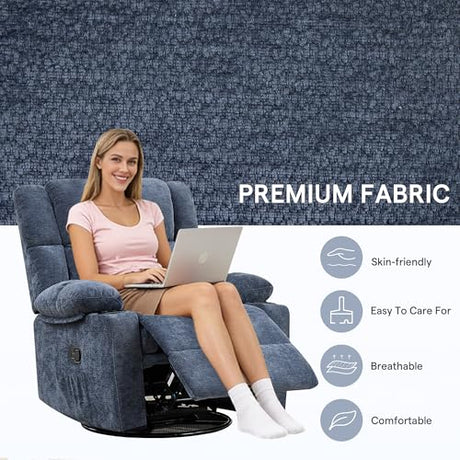 Coziture 360°Swivel Rocker Recliner Chair,Rocking Recliner Chair with Adjustable Headrest for Adults,Upholstered Fabric Rocking Chair Swivel for Bedroom,Living Room,Blue Coziture