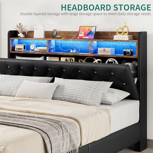 YITAHOME Queen Size Floating Bed Frame with RGB LED Lights and Storage Headboard in Black - WoodArtSupply