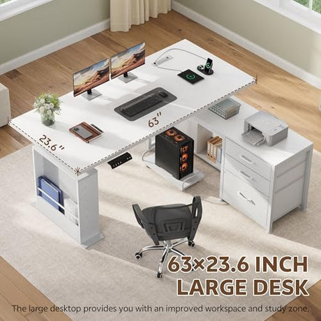 Homiflex 63" L Shaped Standing Desk with 3 Drawers Electric Adjustable Height Desk Corner Standing Desk with Storage Computer Game Desk with Power Outlets Computer Tower Stand for Home Office, White Homiflex