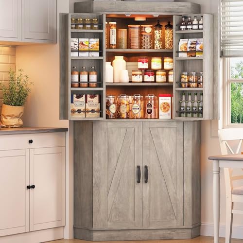 Jocoevol Corner Kitchen Pantry Storage Cabinet with Doors, Kitchen Hutch, 71'' Tall Food Storage Cabinet Furniture for Living Room, Dining Room (Grey) Jocoevol