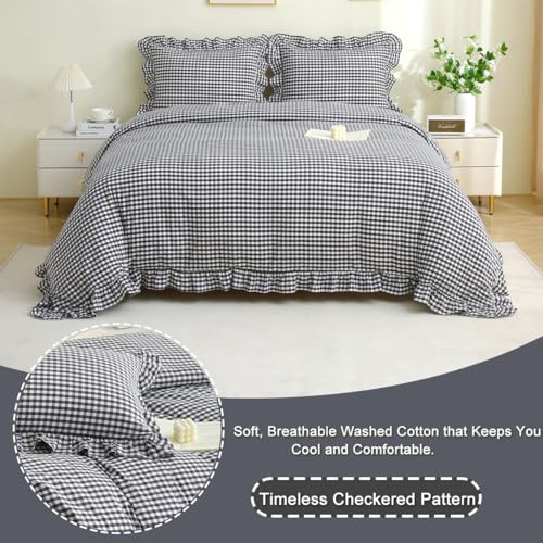 Silnuo Black/White Checkered Ruffle 3-Piece Duvet Cover Set Full Size,Washed Cotton Shabby Gingham Plaid Bedding Set Farmhouse Comforter Set(Full,Black/White) Silnuo