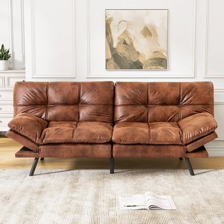 AMICLIBER Faux Leather Futon Sofa Bed,Convertible Futon Couch,Memory Foam Loveseat Sleeper Sofa,Small Splitback Modern Folding Couch for Living Room,Office,Apartment,Retro Brown AMICLIBER
