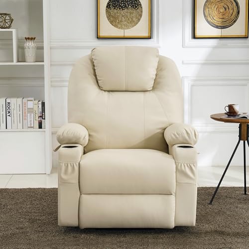 MCombo Large Power Lift Recliner Chair with Massage and Heat for Tall Elderly People, 3 Positions, Cup Holders, and USB Ports, Faux Leather 7516 (Large, Cream White) MCombo