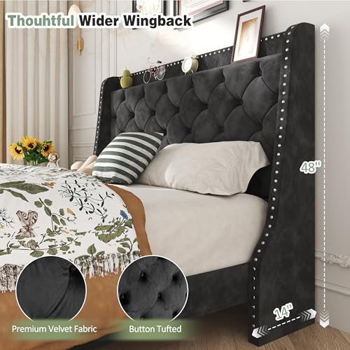 SUNLEI Queen Size Bed Frame with Tufted Button and Velvet Fabric, Bed Frame with Wingback Storage Headboard, Strong Wood Slats, Easy Assembly, No Box Spring Needed, Black SUNLEI