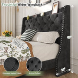 SUNLEI Queen Size Bed Frame with Tufted Button and Velvet Fabric, Bed Frame with Wingback Storage Headboard, Strong Wood Slats, Easy Assembly, No Box Spring Needed, Black SUNLEI