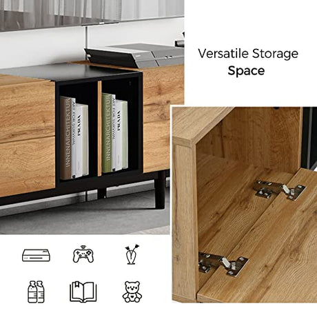 Virubi Modern TV Stand with 3 Cabinets & Open Shelves, Minimalist Wooden Entertainment Center for TVs Up to 80”, Sturdy TV Console for Living Room Bedroom Decor (Wood) Virubi