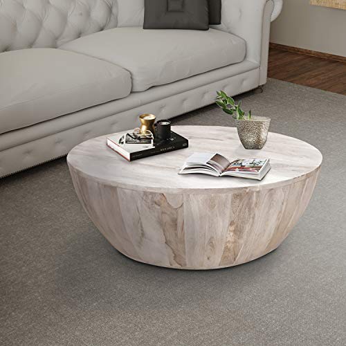 The Urban Port 12-Inch Height Round Mango Wood Coffee Table, Subtle Grains, Distressed White - WoodArtSupply