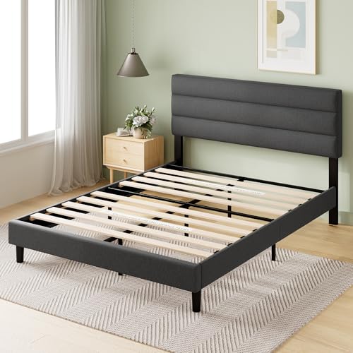 Zinus King Piper Upholstered Platform Bed with Horizontal Paneled Headboard, Wooden Slat Support, No Box Spring Needed, Easy Assembly, Eco Friendly Packaging, Dark Grey Zinus