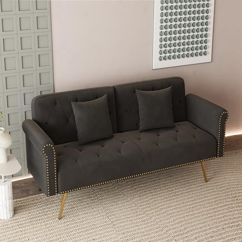 Modern Velvet 2 in 1 Futon Sofa Bed,Convertible Folding Sleeper Bed Couches with 2 Pillows,63" Tufted Recliner Love Seat with Golden Chrome Legs for Living Room Apartment Office (Black) Anwick