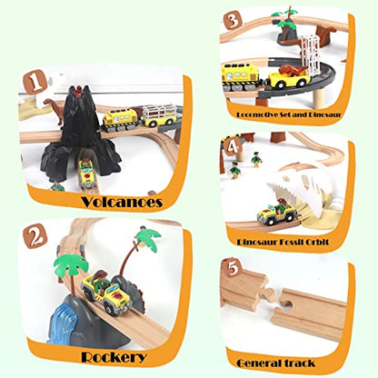 Wooden Train Tracks 80PCS & Dinosaur Wooden Train Sets, Gift Packed Toy Railway Kits for Kids, Toddler Boys and Girls 3,4,5 Years Old and Up– Premium