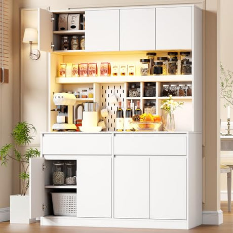 Gyfimoie 71" Kitchen Pantry Storage Cabinet with Charging Station, Kitchen Hutch with LED Light & Open Shelving, Buffet Cabinet with Drawers, Farmhouse Food Pantry for Living Room, White Gyfimoie