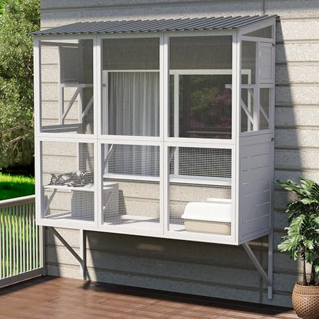 JFHID Catio Outdoor Cat Enclosure with Window Access, Large Window Catio Wood Cat House with 4 Platforms & 3 Doors for Napping & Nature Viewing – All-Weather Pet Cage for Indoor Cats, White JFHID