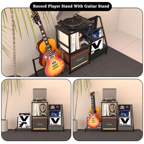 EASTROCK Guitar Stand & Record Player Table - 3-Tier Vinyl Record Storage for Acoustic, Electric Guitar, Bass, Speaker, Amp EASTROCK