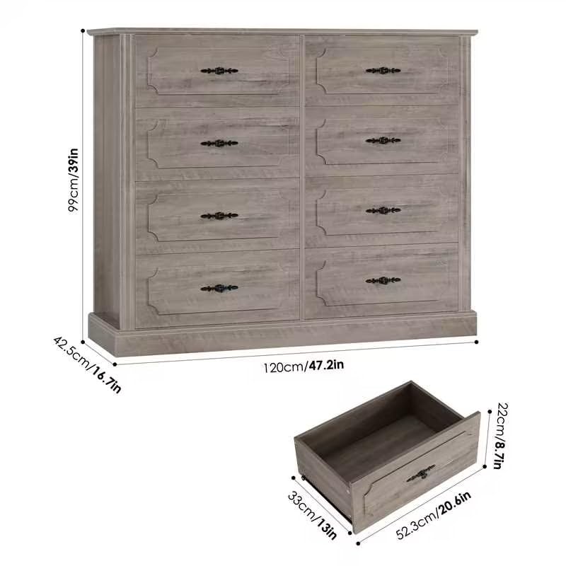 finetones Grey Dresser Chest of Drawers, Farmhouse Dresser Wood Dresser 8 Drawer Dresser with Steel Handles, Modern Dresser Drawers Floor Storage Cabinet for Living Room Hallway Office - WoodArtSupply