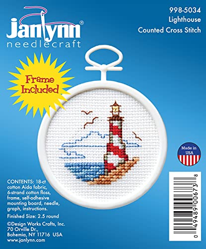 Janlynn 18 Count Round Mini Counted Cross Stitch Kit, 2-1/2-Inch, Lighthouse Janlynn