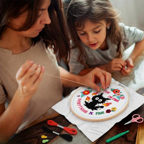 Rivvlive 4 Sets Funny Cat Embroidery Kit with Embroidery Hoop Pattern Needlepoint Kit for Beginners and Adults Needlepoint Crafts Set with Needles Thread and Instruction DIY Rivvlive