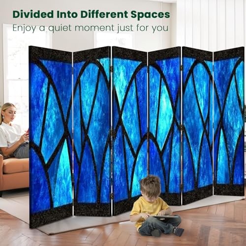 6 Panels Folding Screen Room Divider Blue Stained Glass Window Seamless for Modern Design Luxury Interior Canvas Screen Room Separator Freestanding Protective Decorative Divider Privacy Partition VETEB