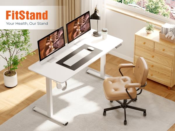 FitStand Adjustable Stand Up Desk with Memory Preset, Standing Desks 55 x 24 Inch Electric Home Office Desk Computer Workstation Splice, White Top + White Frame FitStand