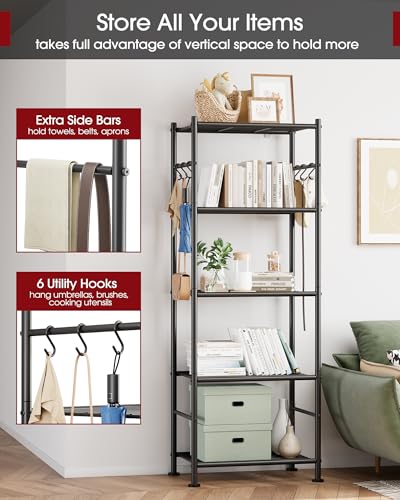 Sakugi Storage Shelves - 5-Tier Large Capacity Shelf Organizer with Hooks, Heavy-Duty Garage Shelving with Leveling Feet, Wobble-Free Rack for Bedroom, Balcony, Garage, 18.1"×12.4"×56.8", Black Sakugi