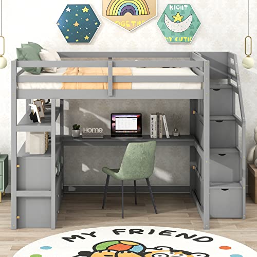 Acosure Full Size Loft Bed with Desk and Shelves,Multifunctionl Bedroom Bed Frame w/ 2 Built-in Drawers & Storage Staircase,Solid Wood Slats Support,for Kid Adult Boy Girl Teen,Grey