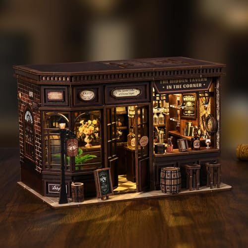 Corner Tavern Book Nook Kit, 3D Wooden Puzzle DIY Miniature House with Warm LED Light, Aesthetic Bookshelf Insert Decor for Adults & Teens