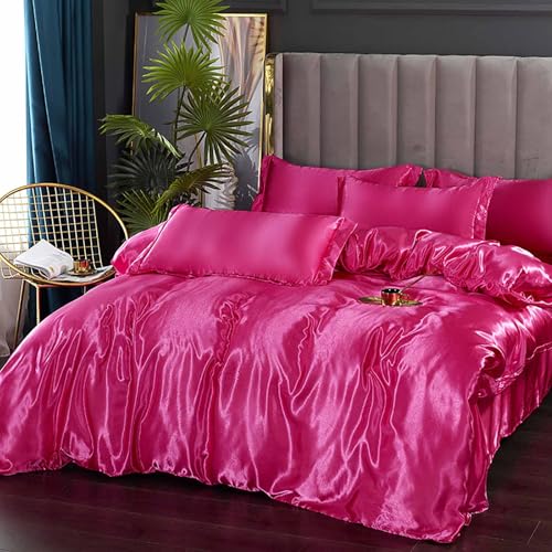 Famanti Bedding Luxury Satin Duvet Cover - Soft Satin Queen Set, 3 Pcs Luxury Silky Sheets, Silk-Like Smooth and Wrinkle Resistant,Queen Size, Zipper Closure, Women's Gift (Hot Pink, King 104”×90“) Famanti