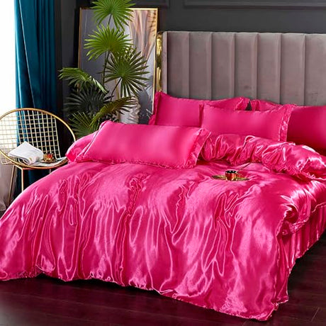 Famanti Bedding Luxury Satin Duvet Cover - Soft Satin Queen Set, 3 Pcs Luxury Silky Sheets, Silk-Like Smooth and Wrinkle Resistant,Queen Size, Zipper Closure, Women's Gift (Hot Pink, King 104”×90“) Famanti