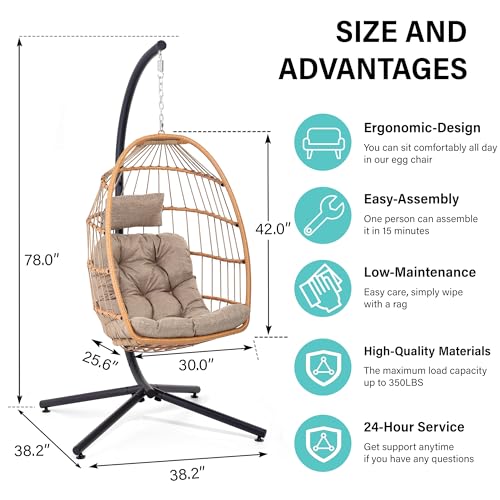 LEYCAY Hanging Egg Chair with Stand, Outdoor Swing Egg Chair, Indoor Wicker Chair with Cushion for Patio Living Room 350 LBS Capacity-Cream - WoodArtSupply