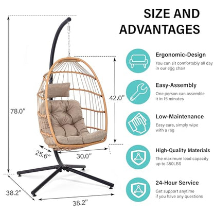 LEYCAY Hanging Egg Chair with Stand, Outdoor Swing Egg Chair, Indoor Wicker Chair with Cushion for Patio Living Room 350 LBS Capacity-Cream - WoodArtSupply