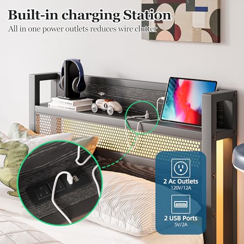 JUISSANO Twin Size Bed Frame with Charging Station and LED Lights,Black Metal Twin Bed Frame with Headboard Storage Shelf,Single Bed Frames with Under Bed Storage,No Box Spring Needed,Easy Assembly JUISSANO