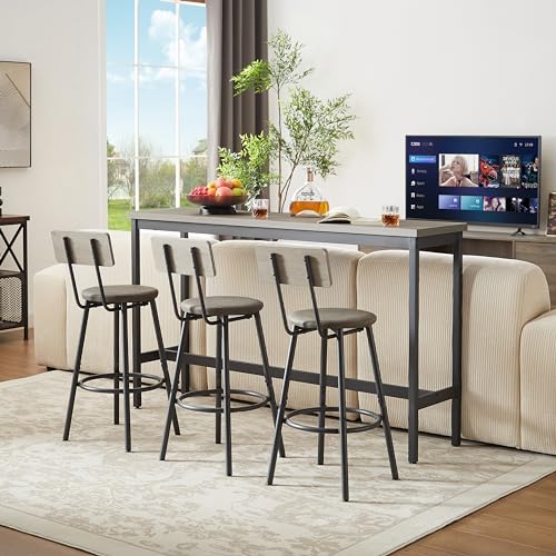 Elevon Grey Industrial Long Bar Table Set with 3 PU Upholstered Stools - WoodArtSupply