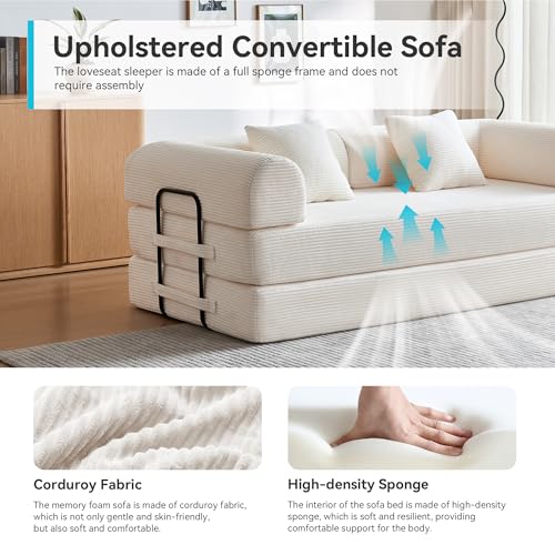 QQR Convertible Folding Mattress Couch, 5-in-1 Futon Sofa with Armrests, Sleeper Mattress Sofa Bed Comfy Fold Out Bed for Living Room, Bedroom, Lounge,Guest, Office (Beige White) QQR