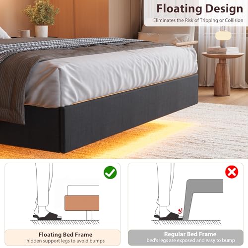Garvee King Size Floating Bed Frame with LED Lights and Storage Headboard, King Upholstered Metal Platform Bed with Charging Station, Linen Fabric, No Box Spring Needed, Easy Assembly, Black Garvee