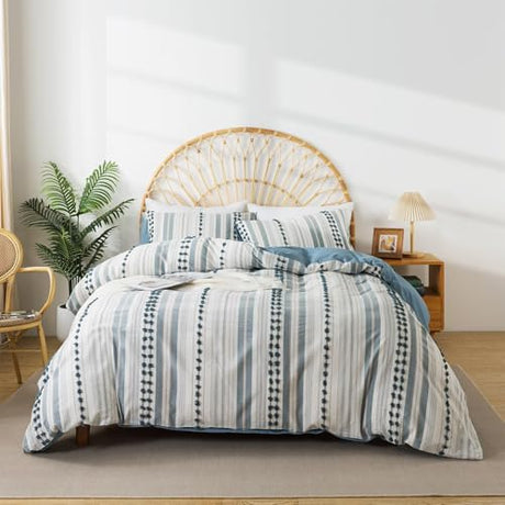 Washed Cotton Twin Size Duvet Cover Set - Tufted Dots Boho Chic Bedding for All Seasons, Striped Bohemain Bedding Linen Like Textured Breathable Durable Soft Comfy (Blue, 66''x90'') La Sheer