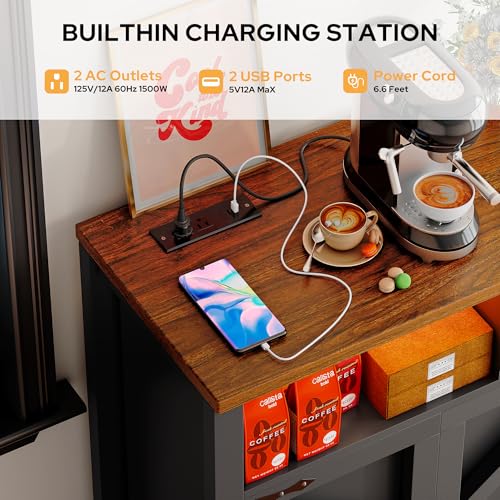 knoworld Buffet Sideboard with Storage with Power Outlets & LED Light 4 Doors, 55'' Large Farmhouse Kitchen Storage Cabinet Wood Coffee Bar Cabinet Buffet Table for Kitchen, Dining Room, Entryway knoworld