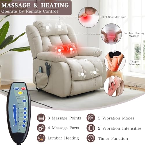 Infinite Position Lay Flat Lift Recliner Chair for Adults, Dual Motor Power Lift Chair for Elderly with Massage & Heating, USB Ports, Remote Control & Lumbar Pillow, Linen Fabric (Ivory)