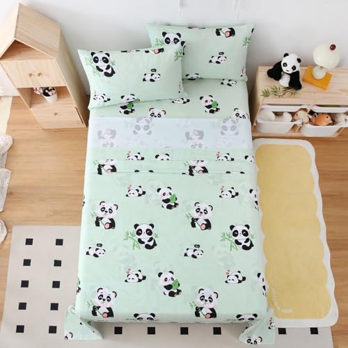 Yibeizi Twin Sheets Set Kids, Sage Green Panda Pattern Microfiber Single Bed Sheets, Cute Soft Oeko-Tex Extra Deep Pocket Sheets & Pillowcases Cooling Hypoallergenic Wrinkle Free Bedsheets Yibeizi
