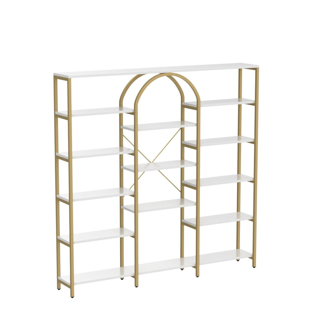 Gyfimoie Triple Wide Gold Bookshelf, 70.87" W x 71.34" H Large Modern Etagere Bookcase, Tall Display Shelf with 13-Tier Open Shelves, Freestanding Staggered Storage Shelf for Home Office (White/Gold) Gyfimoie