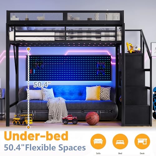 Harper & Bright Designs Queen Size Loft Bed with Stairs, Storage Shelves and Built-in Wardrobe, Metal Loft Bed Frame with USB Ports and LED Lights (Black Queen) Harper & Bright Designs