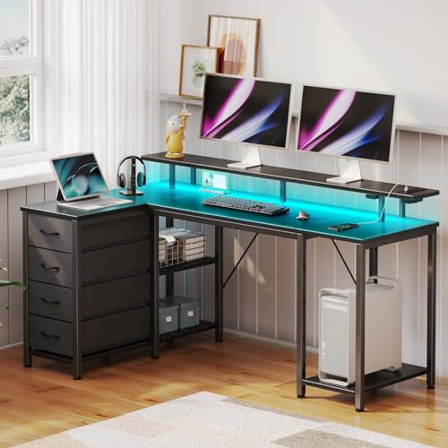 Seventable Gaming Desk 47.2" with LED Lights & Power Outlets, Small L Shaped Desk with 4 Drawers, Computer Desk with Storage Shelves, Corner Desk with Monitor Stand for Small Space, Home Offi - WoodArtSupply