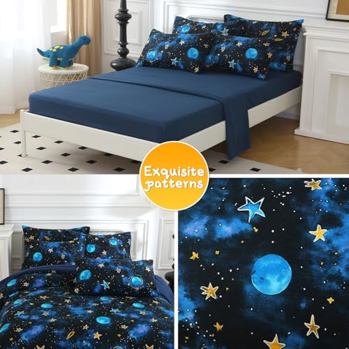 Aqzuxira Glow in The Dark Kids Comforter Set, 5 Pieces Blue Space Bedding Set Twin Size for Boys Girls Teen, 1 Comforter, 1 Pillowcase, 1 Pillow Sham, 1 Flat Sheet, 1 Fitted Sheet Aqzuxira