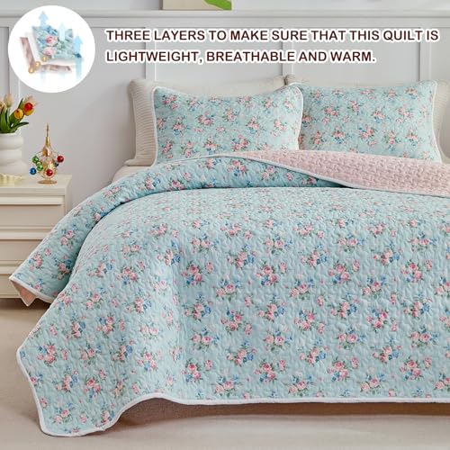 Joyreap Twin Size Floral Quilt Set for Girls, Pink Flowers on Blue Design, 3pcs Microfiber Lightweight Quilt Bedding Set, Bedspread Bed Cover for All Season- 68x88 inches Joyreap